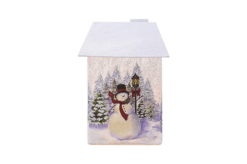 Snowman with Blue Trees Glass House w/Metal Roof - The Country Christmas Loft