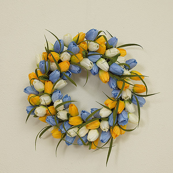 20" Blue & Yellow Tulip Wreath - The Country Christmas Loft