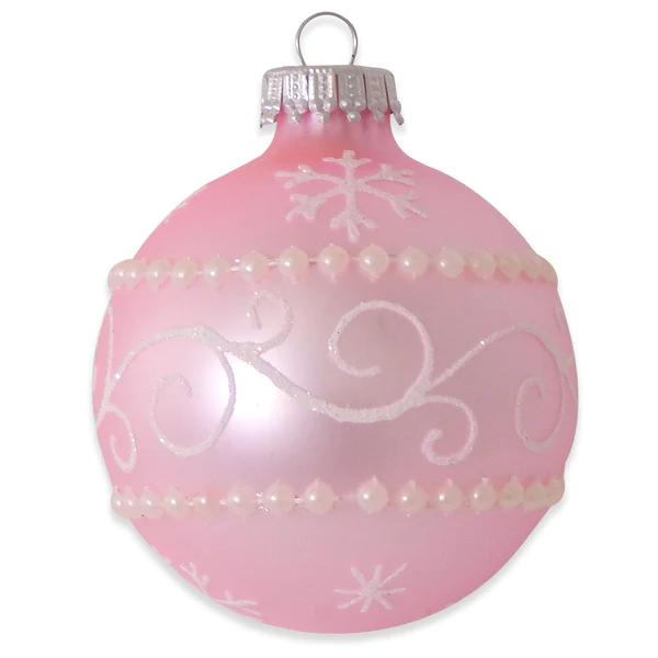 Krebs Value Glass Ball 4 pack - Chic Pink with White Scroll - The Country Christmas Loft