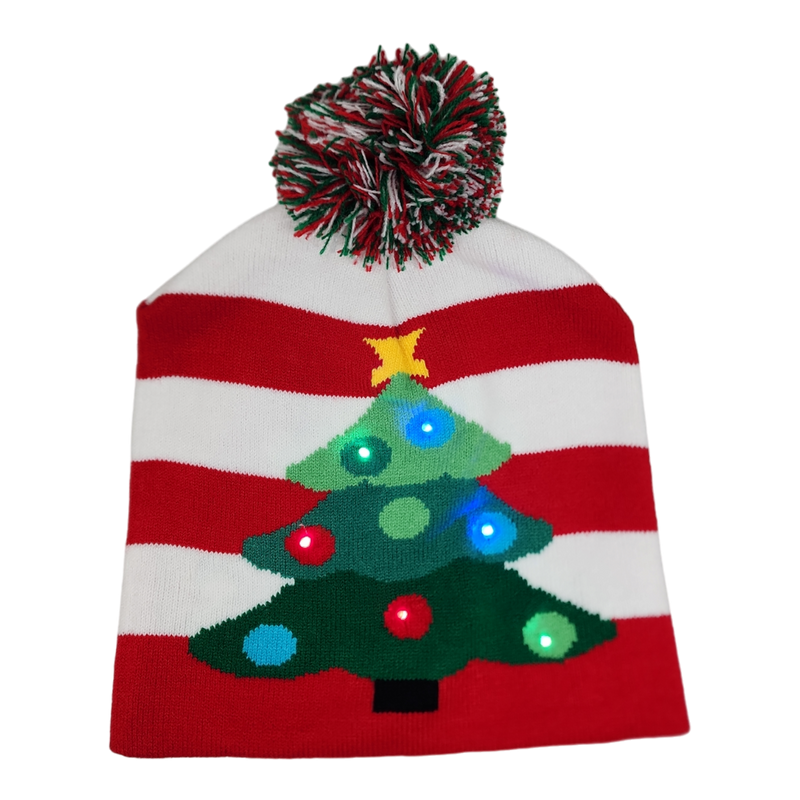 Battery-Operated LED Light-Up Knit Hat - Christmas Tree
