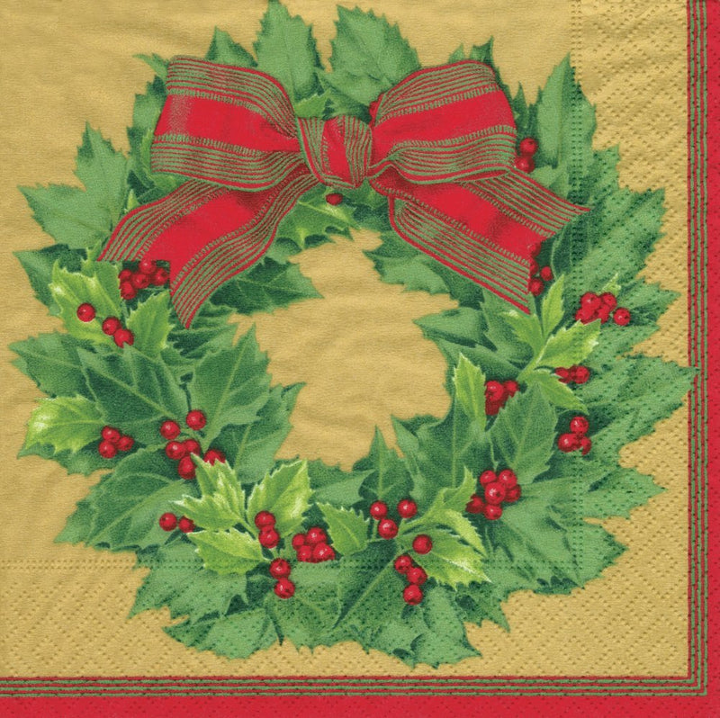Holly Wreath Gold - Cocktail Napkin - The Country Christmas Loft