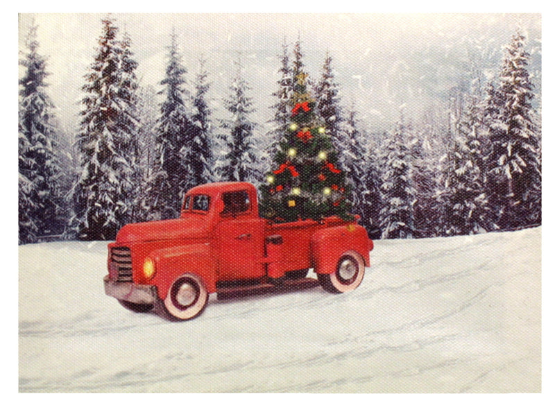 7.8" Lighted Canvas Print - Red Truck With Christmas Tree - The Country Christmas Loft