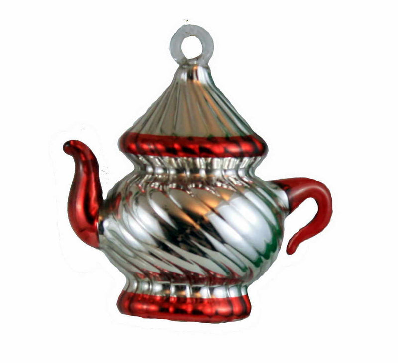 Shiny Silver Teapot Ornament - Red