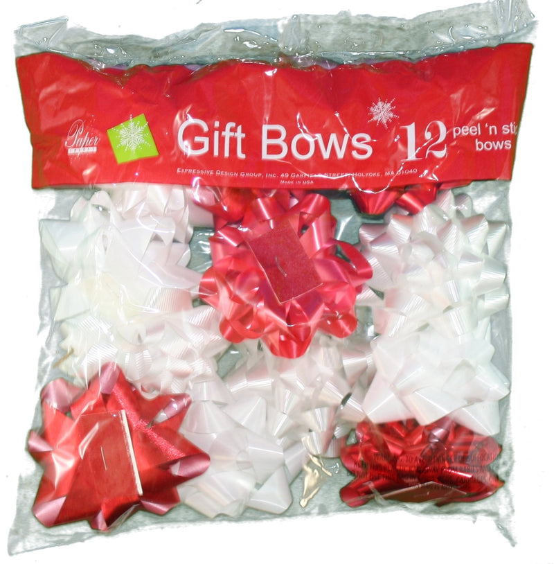 Stick on Bows - 12 Assorted Medium Size - Red/White