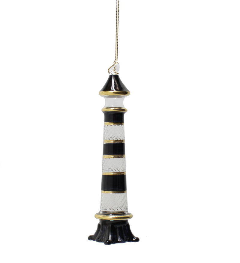Lighthouse With Gold Rings and Etched Glass Ornament - Black