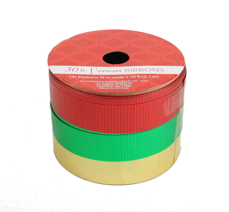 10 Foot Premium Ribbon 3 Piece Set - Red/Green/Gold - The Country Christmas Loft