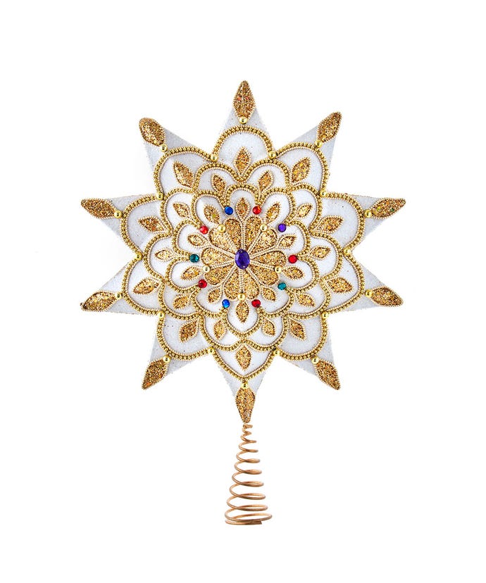 White and Gold Jeweled Star Treetop - 16 Inch - The Country Christmas Loft