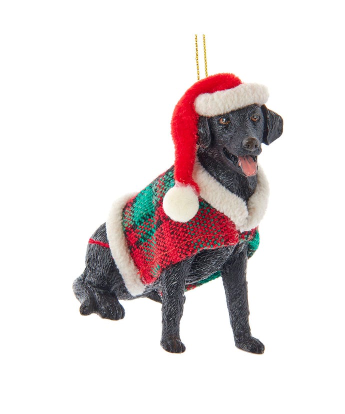 Black Labrador With Plaid Coat and Santa Hat Ornament - The Country Christmas Loft
