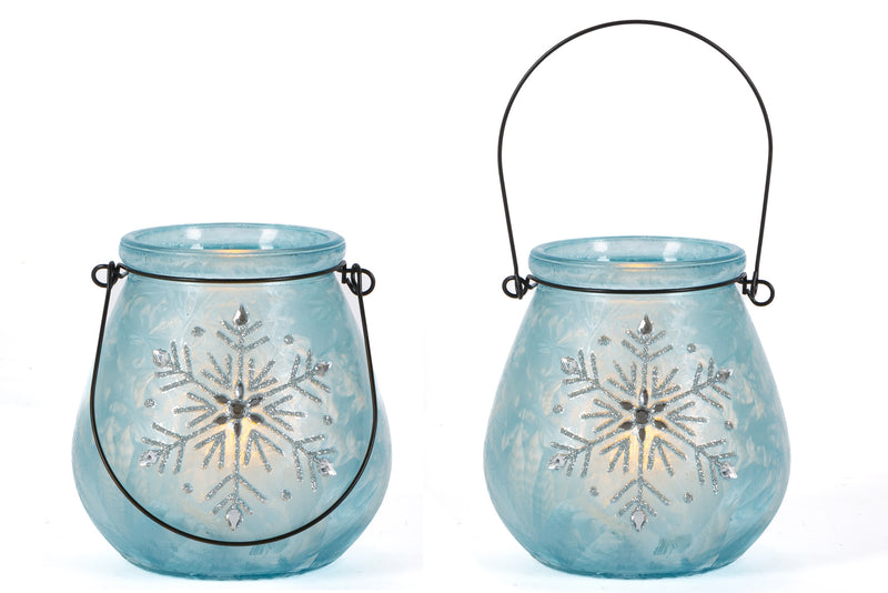 Glass Holiday Snowflake Luminaries - Blue - Set of 2