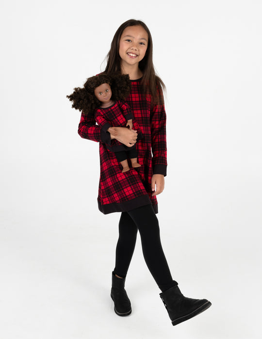 Matching Girl and Doll Cotton Dress Black  And Red Plaid
