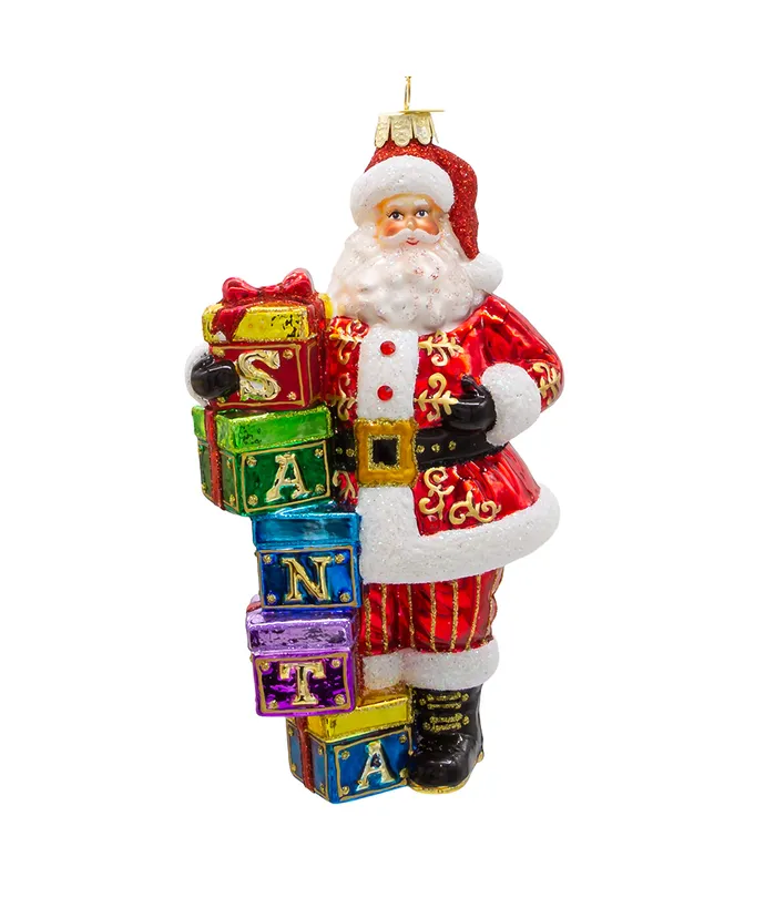 Bellissimo Glass Santa With Gift Boxes Ornament - The Country Christmas Loft