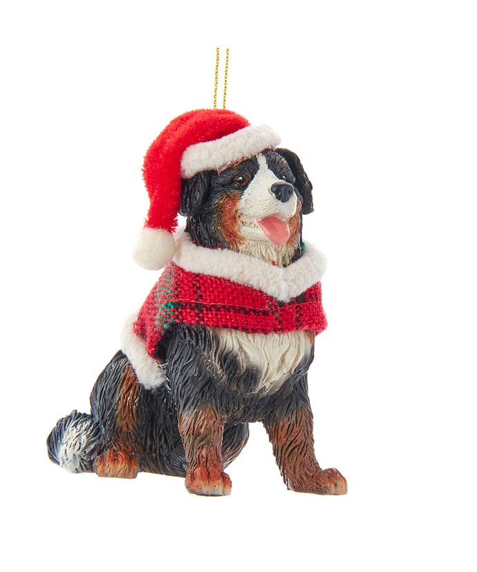 Bernese Mountain Dog With Plaid Coat and Santa Hat Ornament - The Country Christmas Loft
