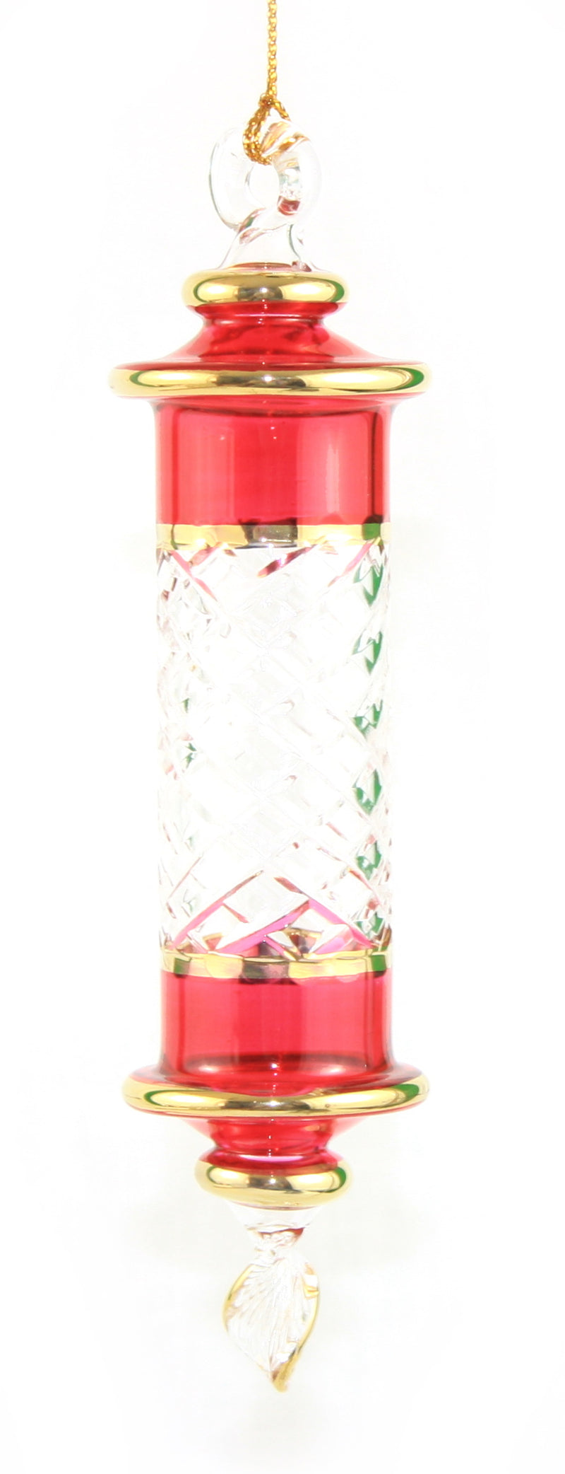 Elongated Cylinder Etched Glass Ornament - Red