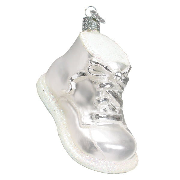 White Baby Shoe Glass Ornament