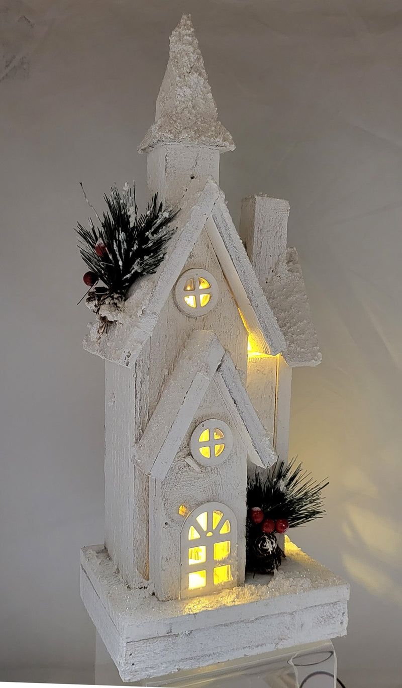 Lighted White Wood Church- 15.5 Inch
