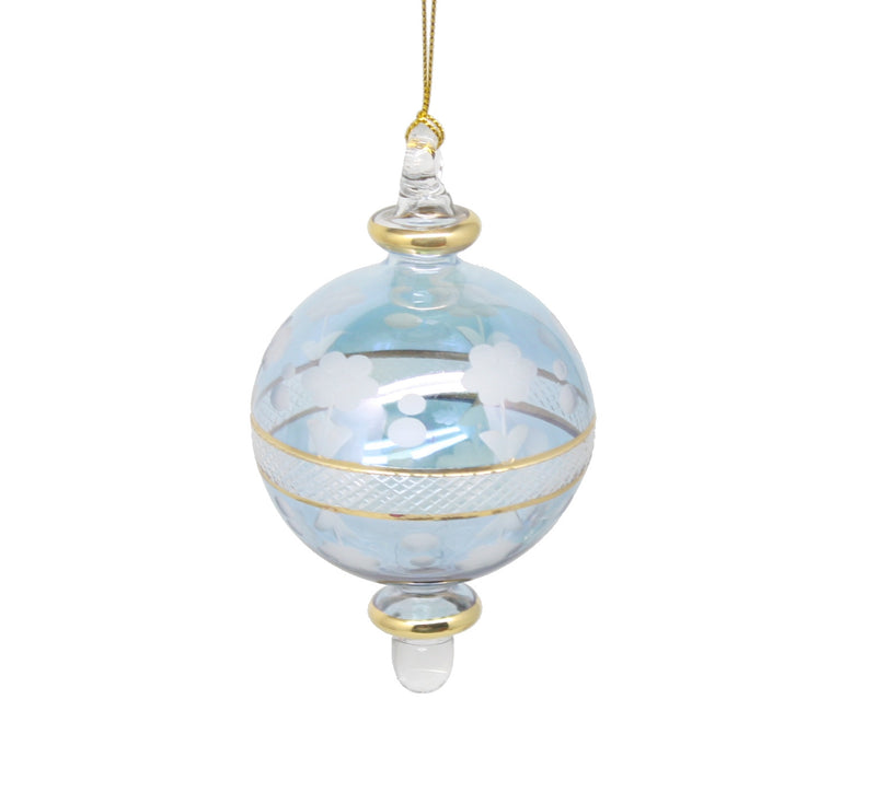 Floral Etching Glass Ball Ornament - Blue