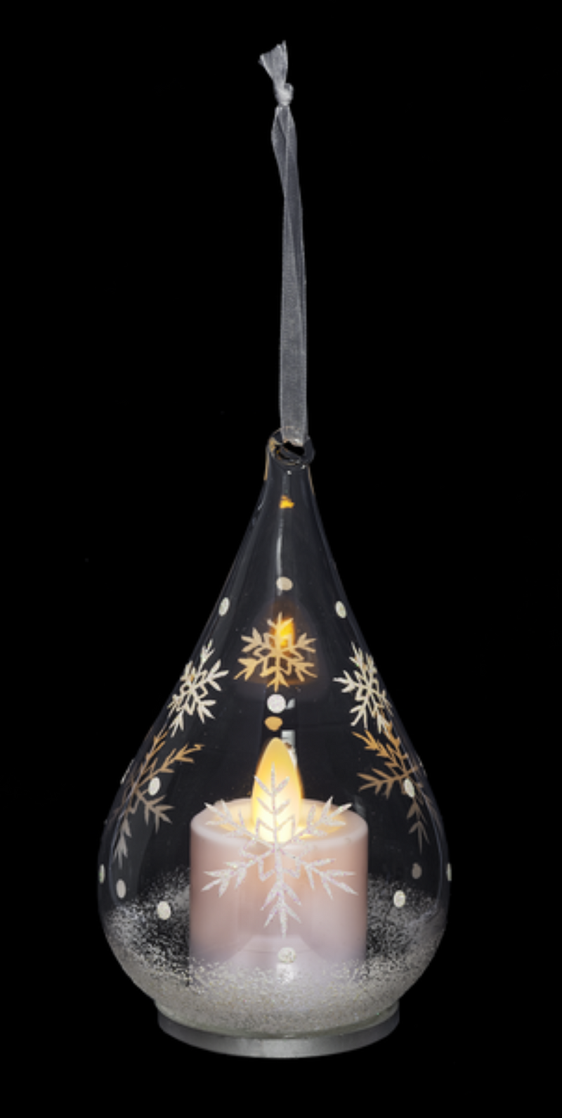 Glass Teardrop Ornament with Flickering Flame LED -  Snowflakes - The Country Christmas Loft