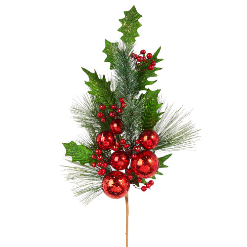 28" Pine, Holly and Red Ball Ornament  Spray