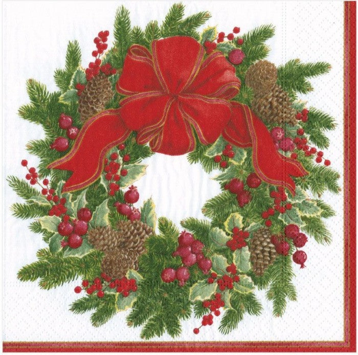 Evergreen Wreath (White) - Lunch Napkin - The Country Christmas Loft