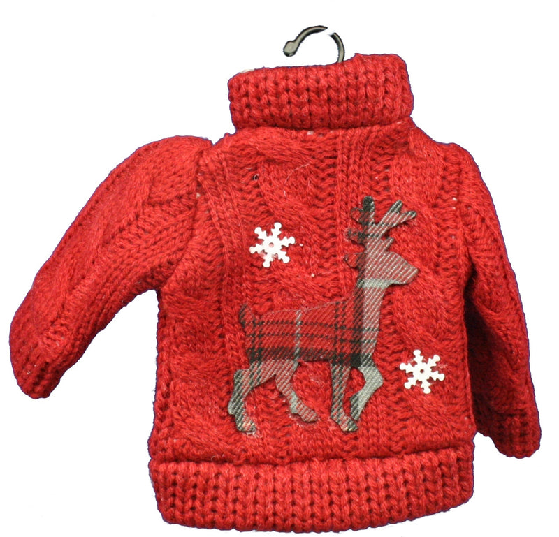 Red Knit Sweater Ornament With  Plaid Deer