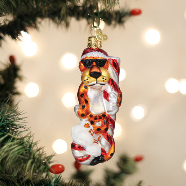 Chester Cheetah On Candy Cane Glass Ornament