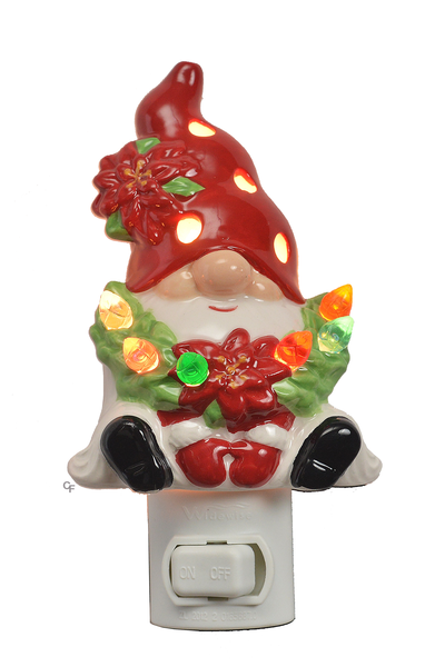 Gnome with Wreath Ceramic Nightlight - The Country Christmas Loft