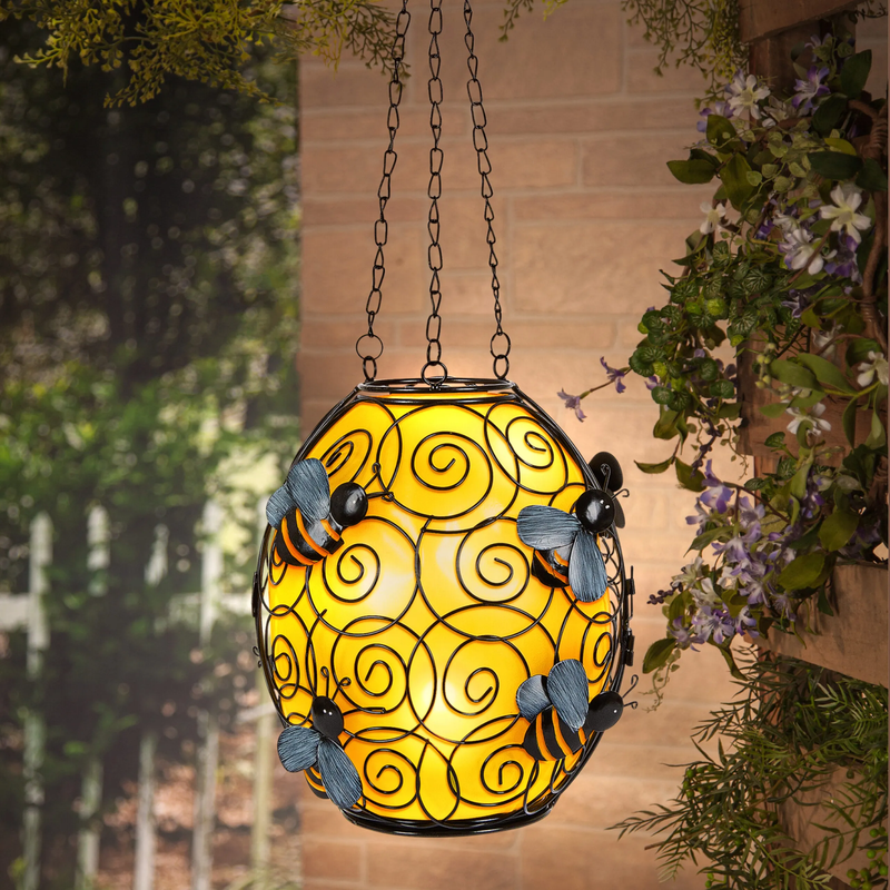 Solar Lighted Metal Beehive - 9 Inch