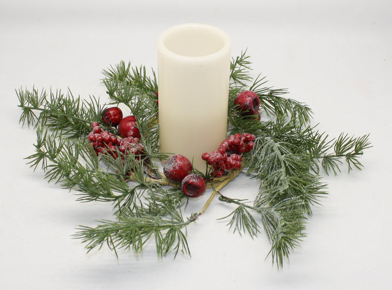 Frosted Faux Fir Branch Candle Ring with Berries - The Country Christmas Loft