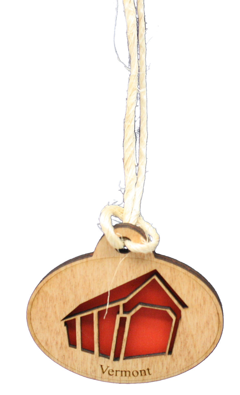 Vermont Oval Red Covered Bridge Wooden Ornament