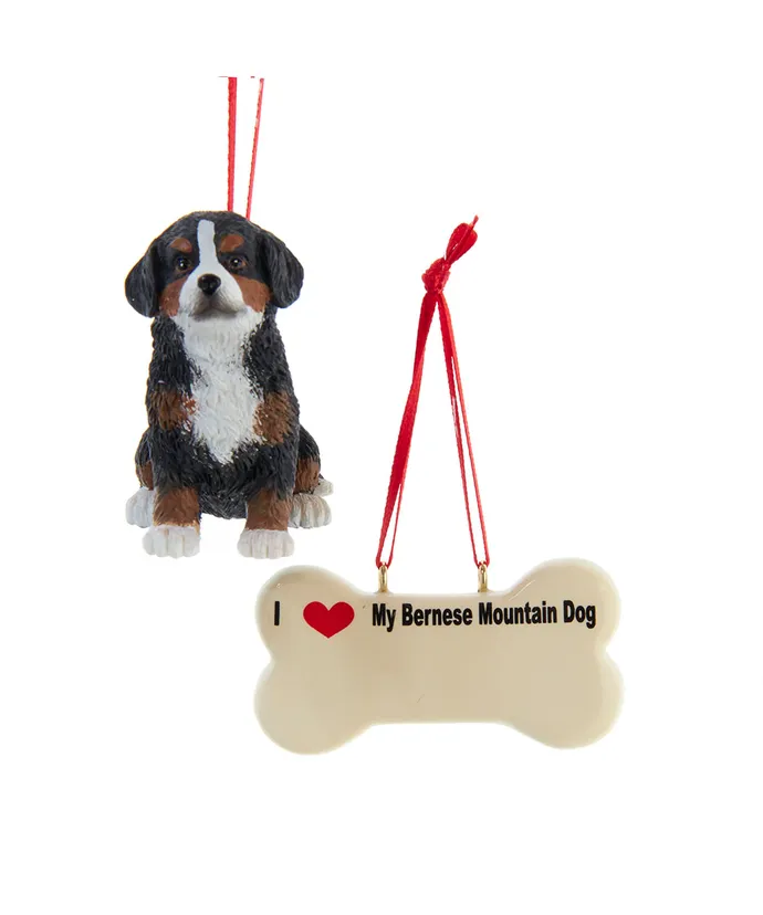 Bernese Mountain Dog With Dog Bone Ornament Set - The Country Christmas Loft