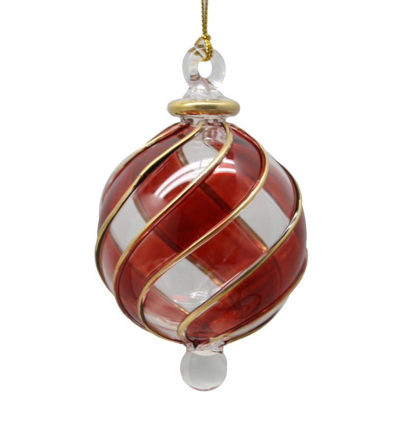 Blown Glass with Golden Swirl Rib Ornament - Red