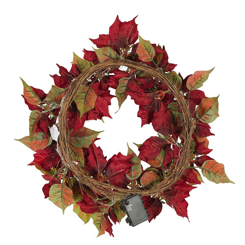 24" Battery-Operated Pre-Lit Red Poinsettia Wreath - The Country Christmas Loft
