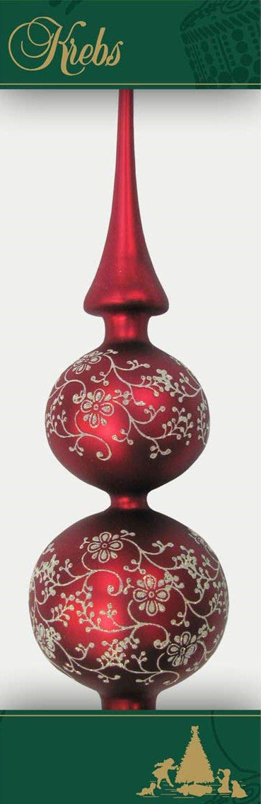 Glass 13" Treetoppers with Glitter Lace Design - Matte Red