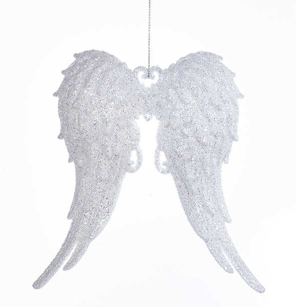 White With Silver Glitter Angel Wings Acrylic Ornament - Light - The Country Christmas Loft