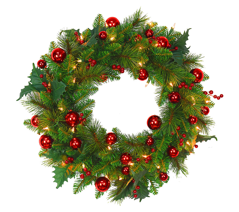 Lighted Wreath With Red Balls - The Country Christmas Loft
