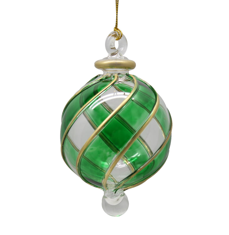 Blown Glass with Golden Swirl Rib Ornament - Green