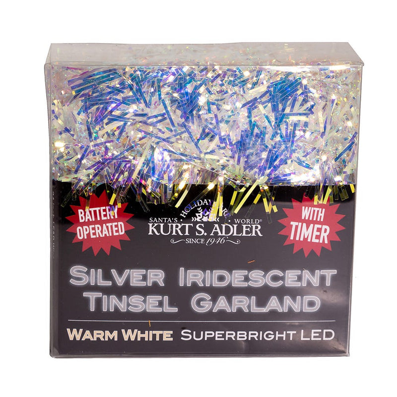 20-Light Battery-Operated Warm White Superbright LED Silver Iridescent Tinsel - The Country Christmas Loft