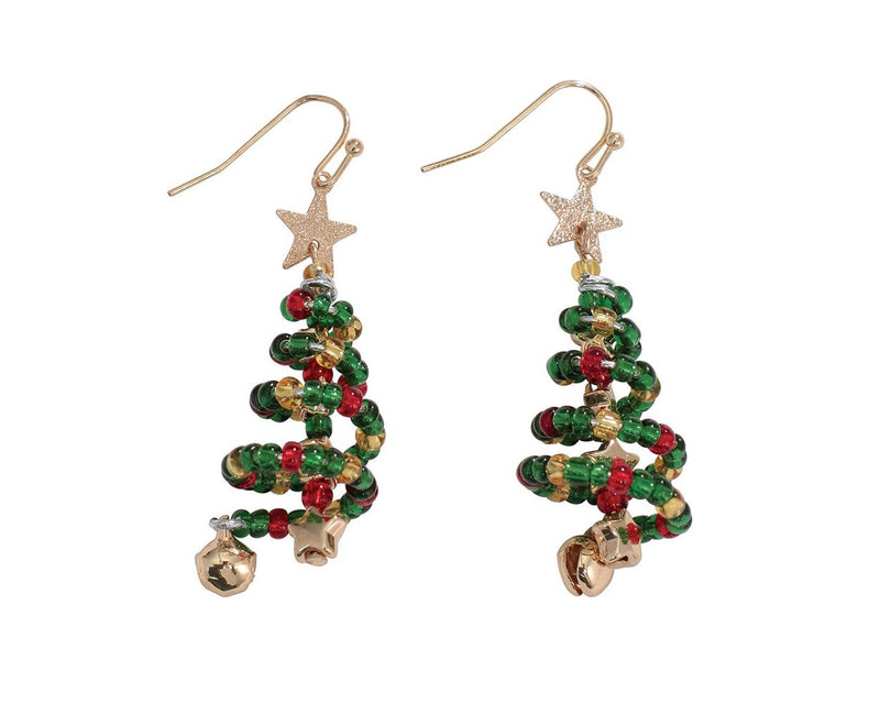 Beaded Christmas Tree with Bell and Star - Earrings
