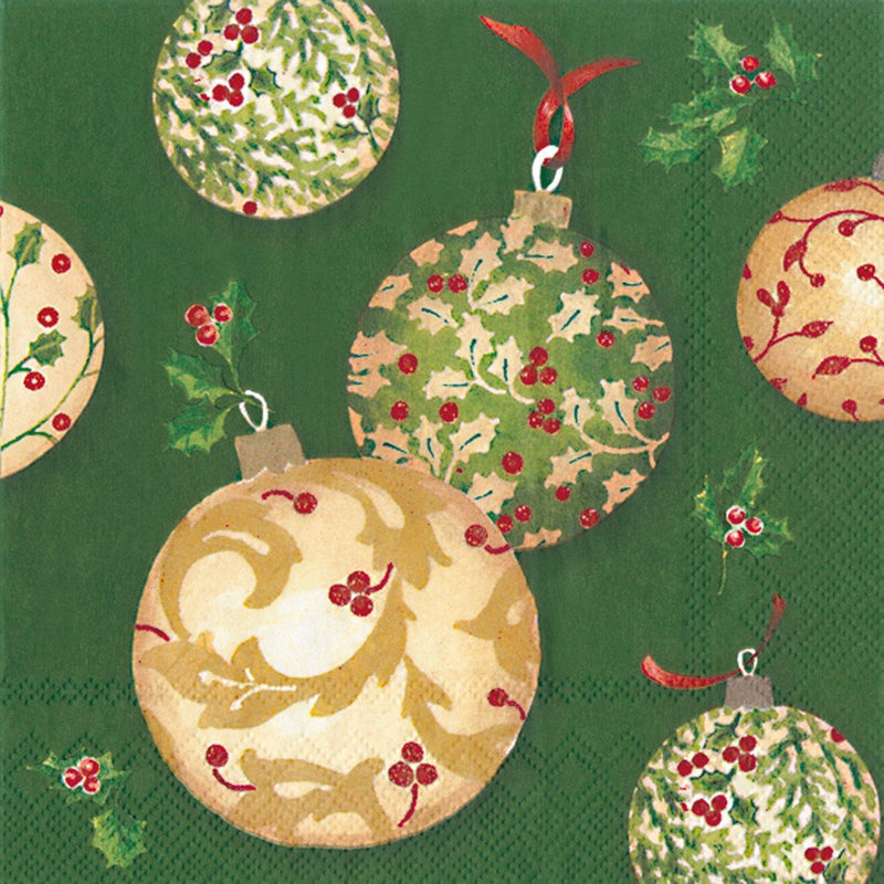 Holly Ornaments Cocktail Napkin- green - The Country Christmas Loft