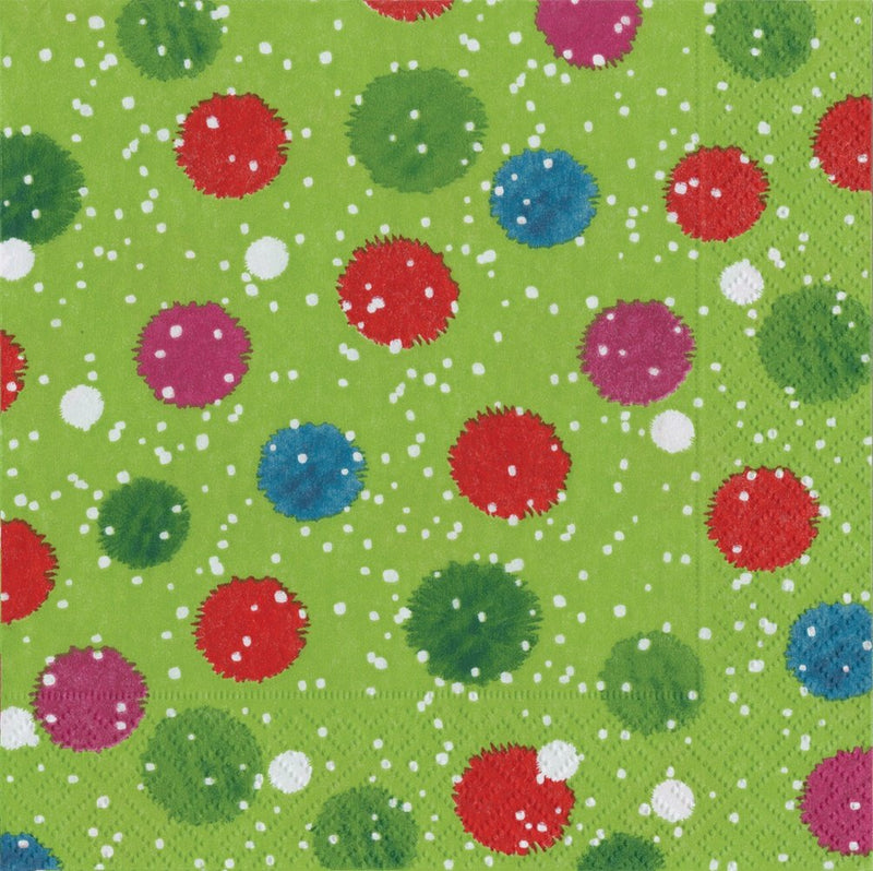 Snowy Pom Poms Paper Goods (Green) - Cocktail Napkin - The Country Christmas Loft