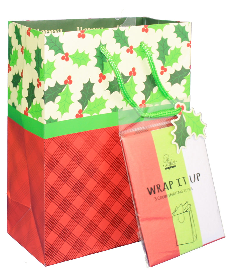 Medium Gift Bag With Tissue - Holly & Red