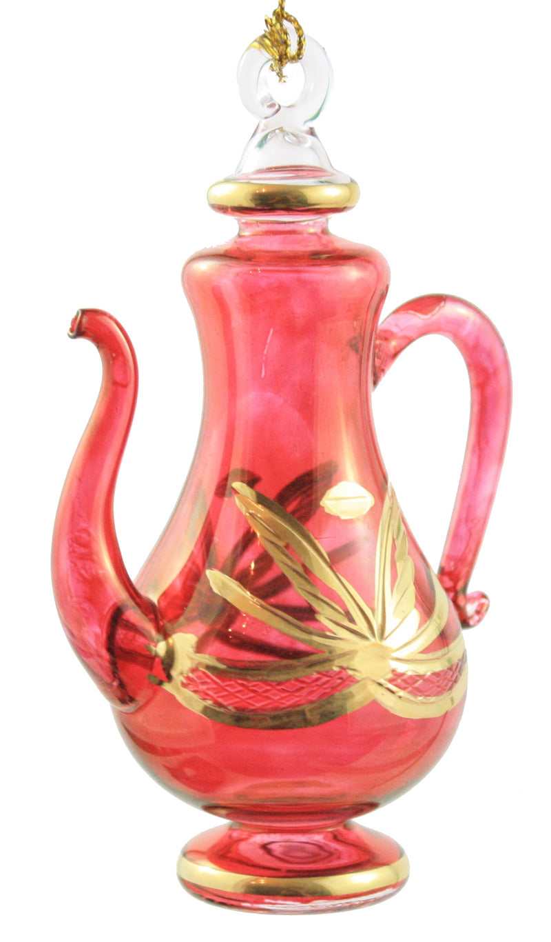 Tall Gold Etched Teapot Ornament - Red