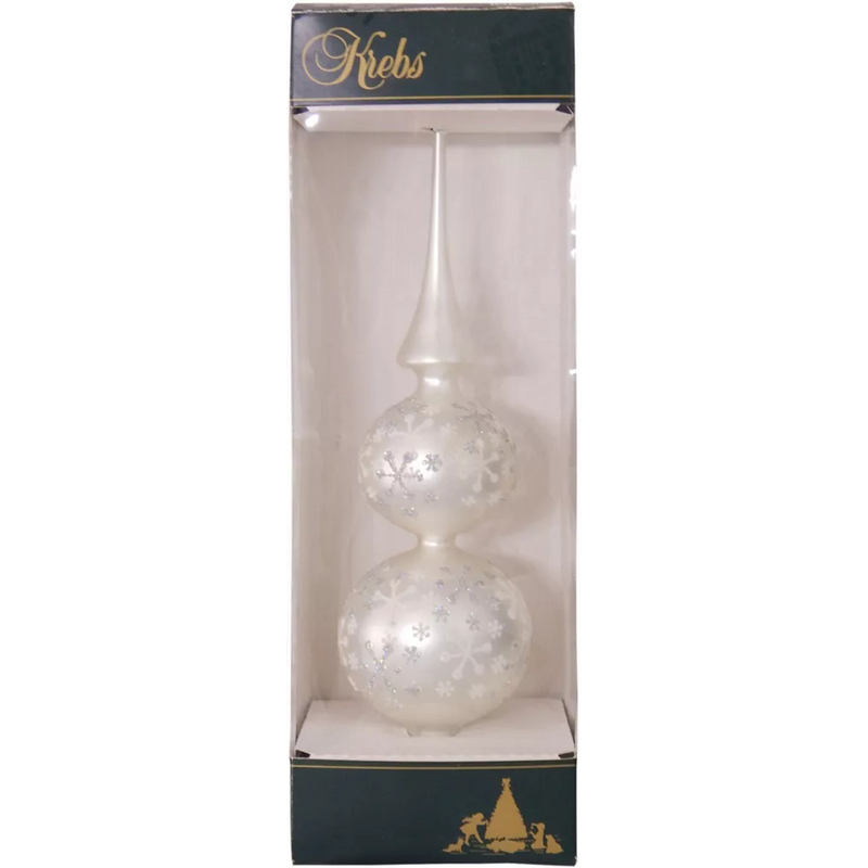 Glass 13 Inch Treetop Finial - Matte Silver with Glitterlace - The Country Christmas Loft