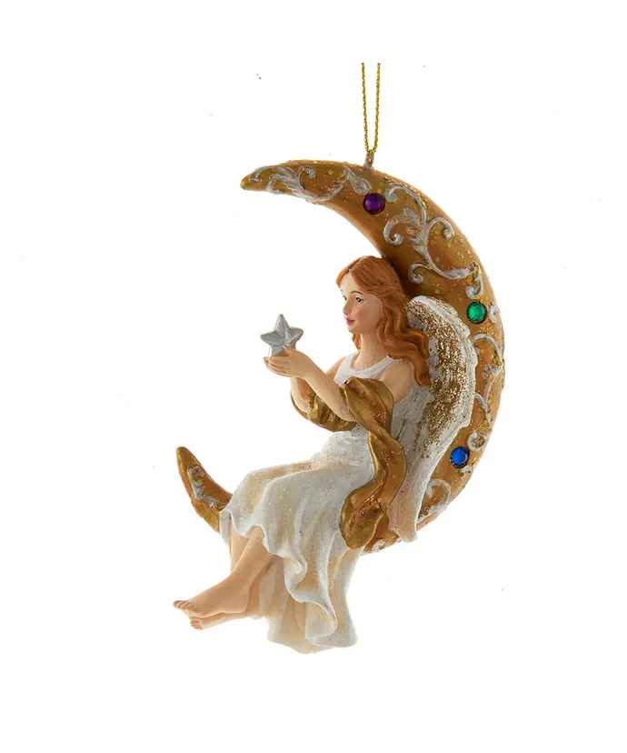 Jeweled White and Gold Angel On Moon Ornament - The Country Christmas Loft