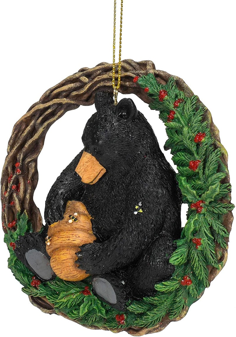 Black Bear with Bee Hive Wreath Ornament - The Country Christmas Loft