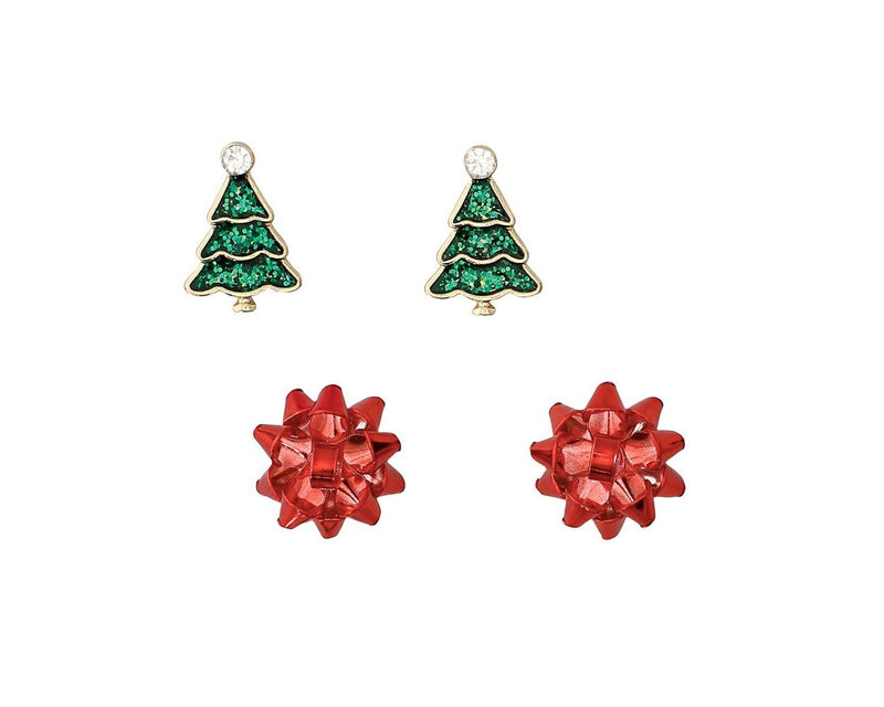 Duo Green Tree & Red Bow - Earrings
