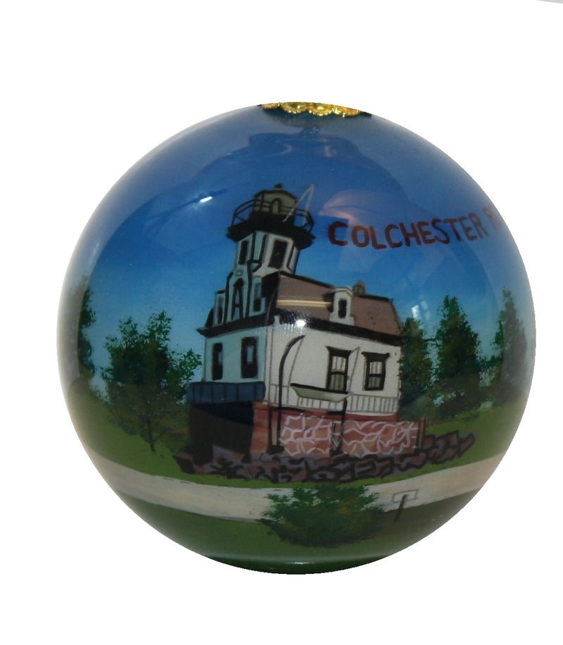 Hand Painted Glass Globe Ornament - The Colchester Reef Lighthouse At Shelburne Museum - The Country Christmas Loft