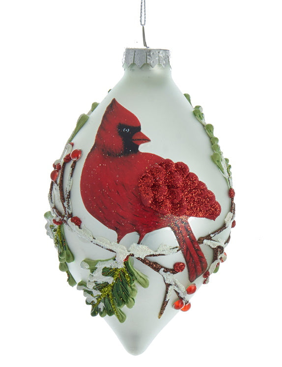 Glass Cardinal Frosted Glass Ornament - Teardrop Shape - The Country Christmas Loft