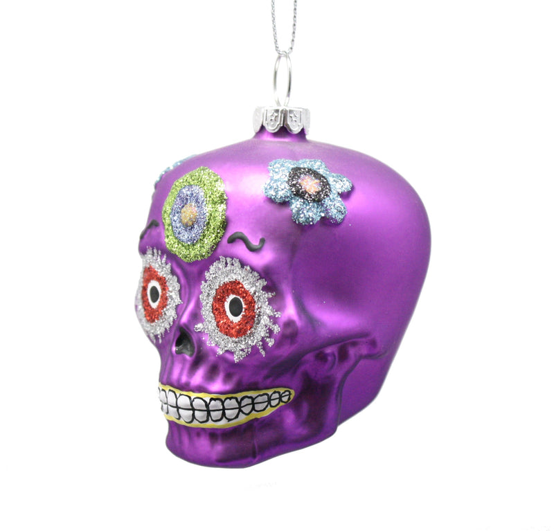 Day of the Dead Sugar Skulls Glass Ornament - Purple