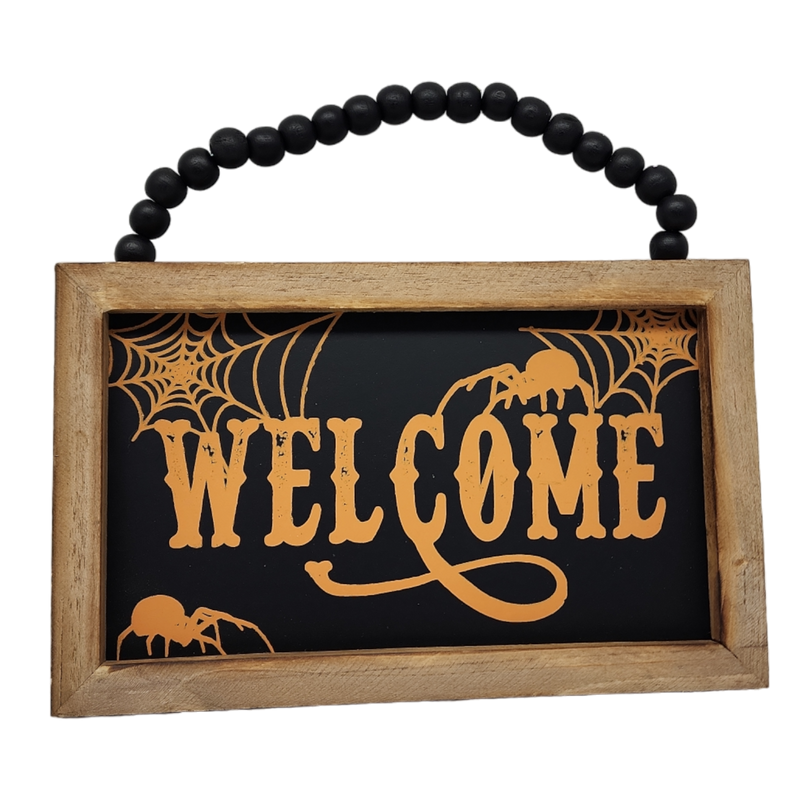 Wooden Hanging 8 Inch Sign - Haunted Welcome